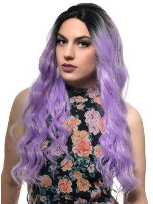 Womens Violet Purple Wavy Synthetic Fashion Wig with Dark Roots and Lace Front - Front Image