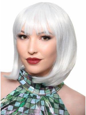 Women's Short White Bob Costume Wig with Fringe - Main View