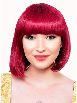 Short Cherry Red Heat Resistant Bob Women's Costume Wig with Fringe - Front View