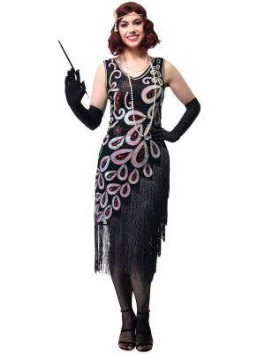 Womens Long Black 1920s Gatsby Dress with Sparkly Sequins and Asymmetrical Fringing - Front Image