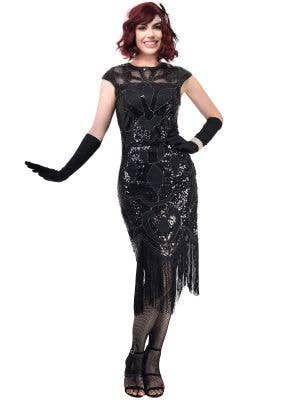 Womens Long Black Gatsby Dress with Fringing, Cap Sleeves and Black Sequins - Front Image