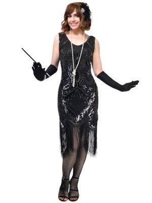 Womens Long Black Gatsby Dress with Black Fringing, Black Sequins and Silver Beads - Front Image