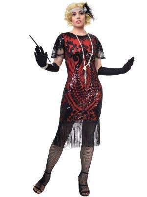 Womens Red Gatsby Dress with Black Sequins, Fringing and Mesh Sleeves - Front Image