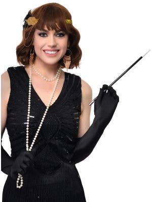 Gatsby 5 Piece Set with Black and Gold Chain Headband, Black Gloves, Pearls, Cigarette Holder and Gold Earrings - Main Image