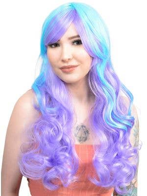 Pastel Purple and Blue Women's Curly Wig with Side Fringe Front Image