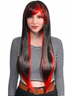 Extra Long Straight Black and Red Straight Costume Wig with Fringe - Front Image