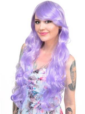 Womens Long Curly Lilac Purple Costume Wig Front Image