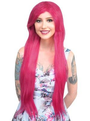 Womens Long Straight Raspberry Pink Costume Wig Front View
