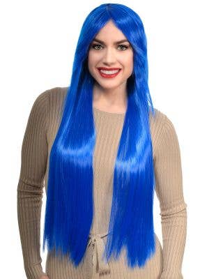 Extra Long Straight Blue Women's Costume Wig with Side Fringe - Front Image