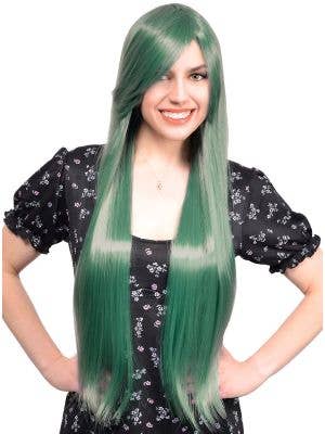 Extra Long Straight Moss Green Women's Costume Wig with Side Fringe - Front Image