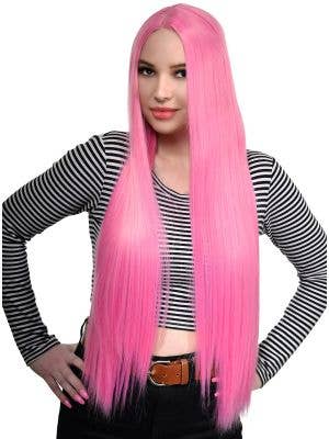 Women's Straight Extra Long Candy Pink Synthetic Fashion Wig with Lace Parting - Front Image