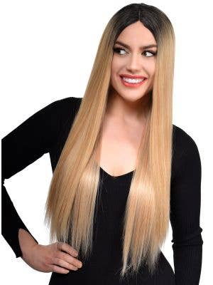 Women's Long Straight Blonde Mix Synthetic Fashion Wig with Dark Roots and Lace Parting - Front Image