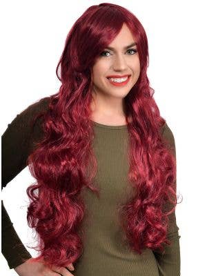 Extra Long Curly Deep Burgundy Women's Costume Wig with Side Fringe - Front Image