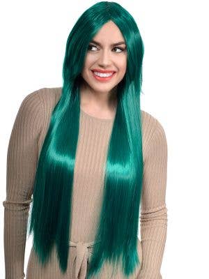 Extra Long Straight Teal Women's Costume Wig with Side Fringe - Front Image