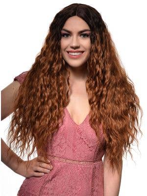 Women's Long Ginger Synthetic Fashion Wig with Dark Roots and Tight Waves - Front Image