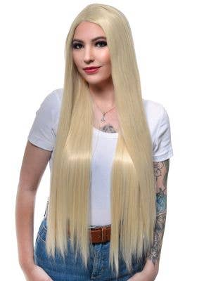 Bleach Blonde Women's Extra Long Synthetic Fashion Wig with Lace Part - Front Image
