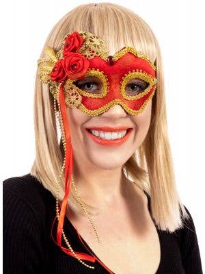 Red and Gold Velvet Masquerade Mask with Rosettes - Main Image