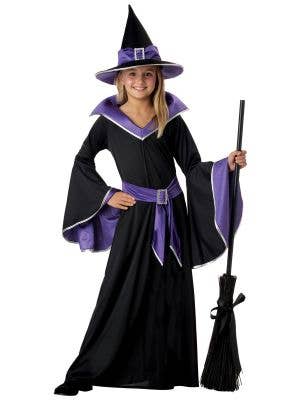 Black and Purple Girl's Long Witch Costume Front View