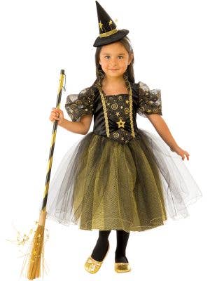Girl's Golden Star Witch Halloween Fancy Dress Costume - Main Image