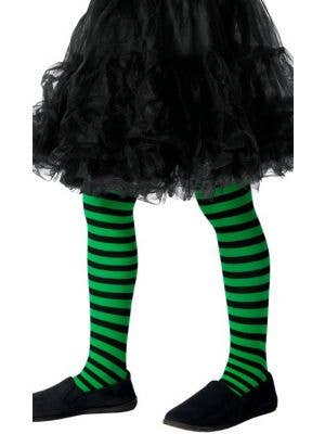 Girls Full Length Green and Black Striped Halloween Stockings Main Image