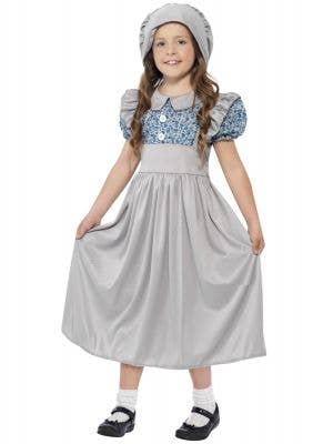 Grey Victorian Old Day's Kid's School Girl Fancy Dress Costume Front View