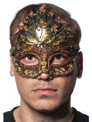 Men's Copper And Bronze Center Overlay Venetian Mask - Main Image