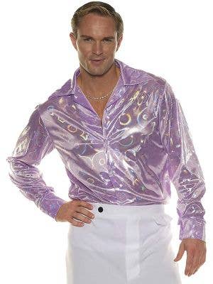 Image of Holographic Purple Plus Size Men’s 70s Disco Costume Shirt