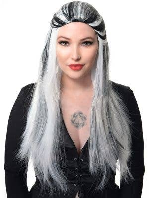 Image of Long White Women's Costume Wig With Black Streaks