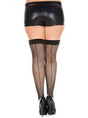 Plus Size Women's Black Fishnet Thigh High Stockings with Backseam