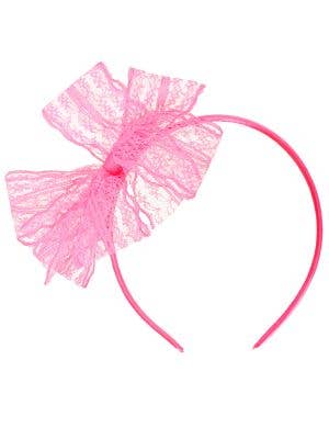 Image of Neon Pink Lace Bow 1980s Costume Headband