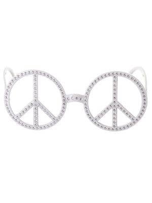 White Peace Sign Glasses with Rhinestones