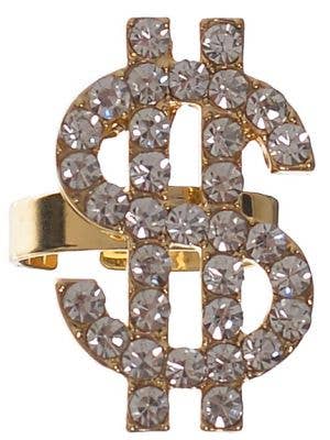 Gold Dollar Sign Bling Ring with Rhinestones