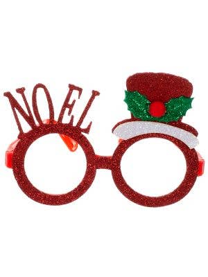 Image of Novelty Red Glitter Glasses with Noel and Christmas Hat