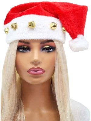 Image of Plush Red Santa Hat with Gold Bells Christmas Accessory