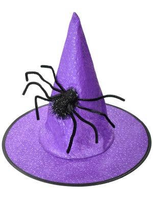 Image of Pointed Purple Witch Hat With Spider Halloween Accessory