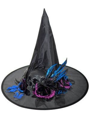 Image of Pointy Black Witch Hat with Glitter Skull and Flowers