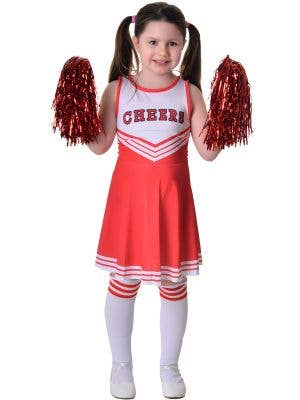 Image of Bright Red Girl's Cheerleader Fancy Dress Costume - Front View