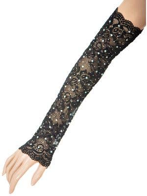 Image of Long Black Lace Costume Gloves with Rhinestones