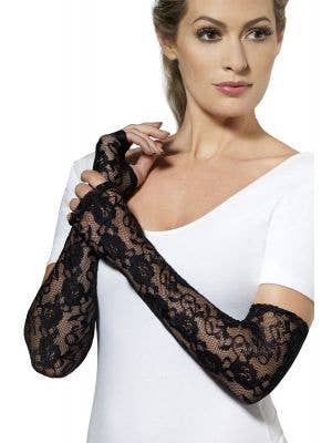 Women's Long Black Lace Fingerless Costume Gloves Main Image