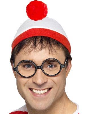 Red and White Striped Where's Wally Beanie and Glasses Costume Accessory Set