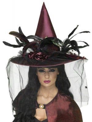Women's Deluxe Large Purple Plum Satin Halloween Witch Hat