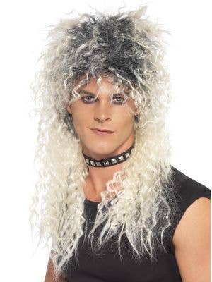 80s Fashion Men's Crimped Blonde 1980's Punk Rocker Costume Wig with Dark Roots - Main Image