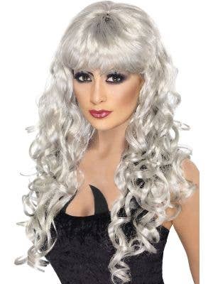 Women's Silver Grey Long Curly Costume Wig with Fringe