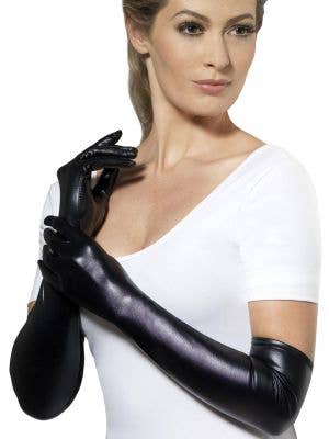 Women's Deluxe Black Wet Look Over The Elbow Gloves - Main Image