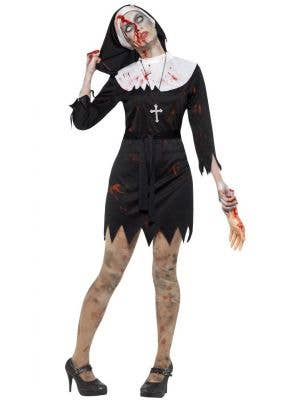 Women's Black And White Halloween Zombie Nun Sister Blood Splattered Fancy Dress Costume Main Image