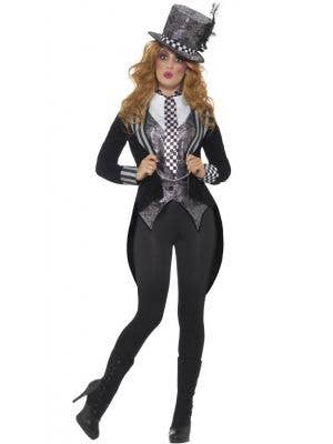 Women's Black And Silver Mad Hatter Alice In Wonderland Miss Hatter Halloween Fancy Dress Costume Main Image
