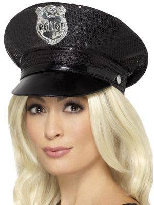 Women's Black Sequined Police Officer Hat
