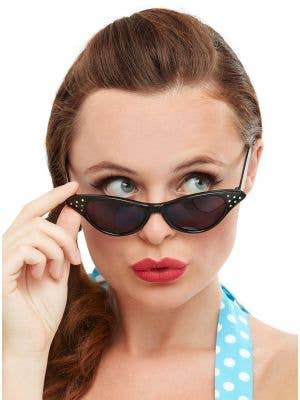 Womens 1950s Rock and Roll Black Flyaway Style Sunglasses with Diamantes - Main Image