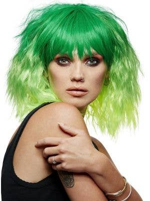 Short Fluffy Waves Womens Manic Panic X Smiffys Dark and Light Green Ombre Costume Wig - Main Image