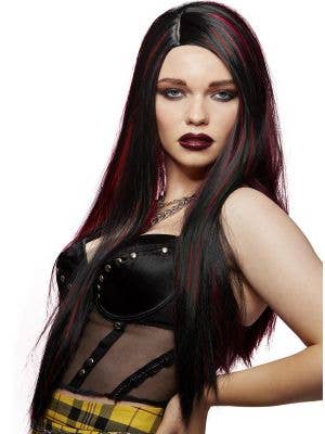 Womens Long Black Manic Panic Heat Resistant Costume Wig with Red Streaks  - Main Image